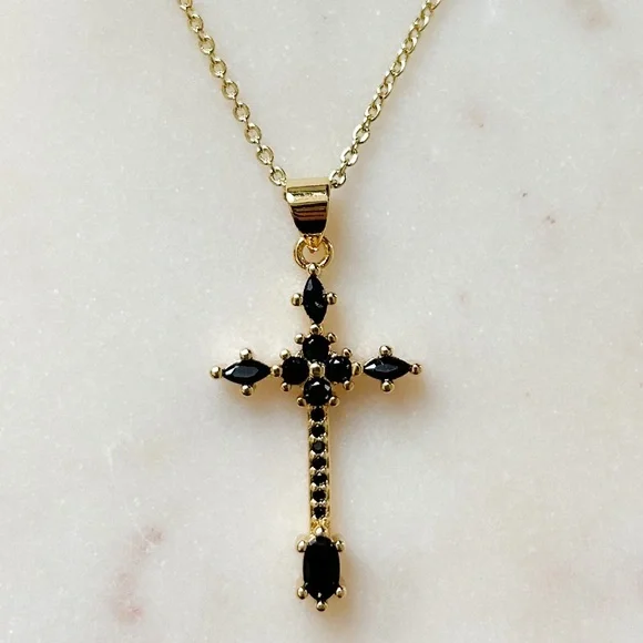 Black CZ Cross Necklace | 14k Gold Filled - Picture 1 of 9